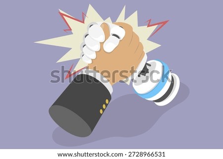 3D Isometric Flat Vector Illustration of Human-robot Competition, Businessman Challenges Robot In Arm Wrestling Contest