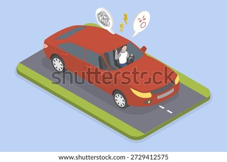 3D Isometric Flat Vector Illustration of Angry Driver, Furious Motorist