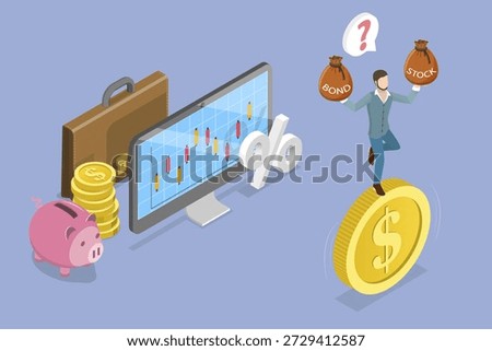 3D Isometric Flat Vector Illustration of Investment Opportunities, Balancing On Giant Dollar Coin, Deciding Between Stocks And Bonds