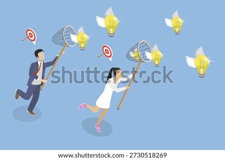 3D Isometric Flat Vector Illustration of Searching for Creativity and Innovations, Seeking To Capture And Innovate With Flying Lightbulb Ideas