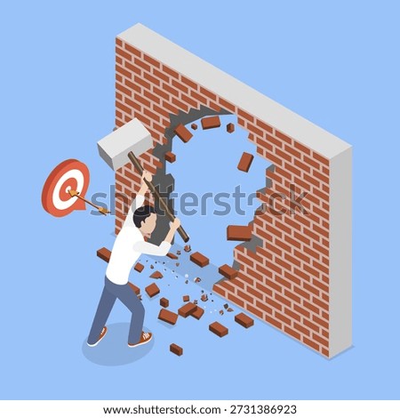 3D Isometric Flat Vector Illustration of Breakthrough to Goal, Ambitious Young Businessman Smashing Wall To Achieve Business Success