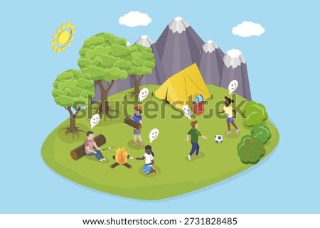 3D Isometric Flat Vector Illustration of Exploring Nature With Kids, Summer Travel And Outdoor Adventure