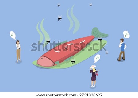 3D Isometric Flat Vector Illustration of Stinky Fish, Decaying Smelly Aquatic Animal
