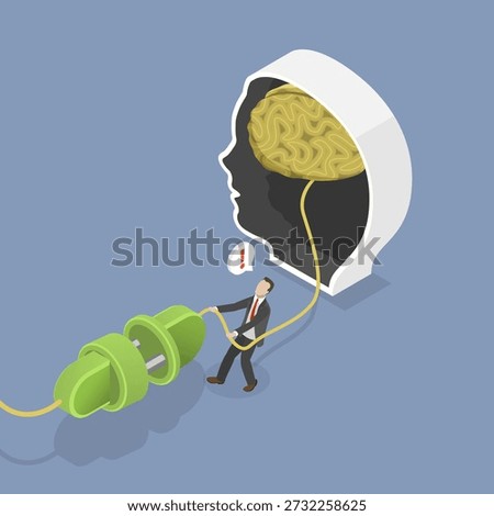 3D Isometric Flat Vector Illustration of Sabotage, Businessman Attempting Break Creativity By Unplugging Brain