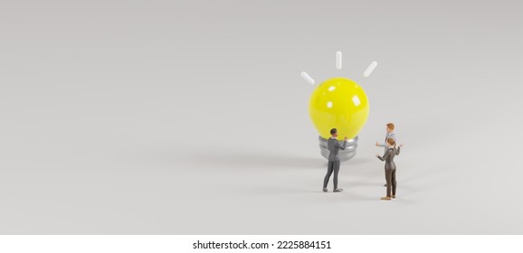 3d isometric illustration. tiny people are standing in a group and developing an idea. teamwork brainstorming. light bulb as an idea metaphor. 3d rendering.