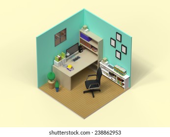 3d Isometric Interior For Study Room