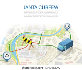 3D Isometric Janta Curfew Map Navigation, Lockdown Point Marker Isometry, Quarantine Drawing Schema With Cargo