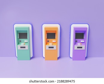 3D Isometric Network Application Internet Banking Three ATM Automatic Deposit Machine Green, Orange, Purple On Mobile Phone Money Transfer. Financial Online Transaction. 3d Render Illustration