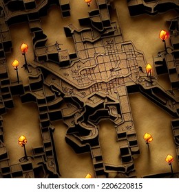 3D Isometric Pattern Of A Fantasy Stone Dungeon Map Of A Board Game Maze. Texture Background And Endless Tile, Top View. 3D Rendering And Seamless Background. 3D Illustration