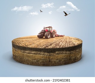 3D Isometric Piece Of Farm Land With Tractor Harvesting Crops. Cross Section Of Wheat Farm Isolated With Tractor And Clouds. Beautiful Farm Landscape View. Smart Farming Advertising Design Isolated.