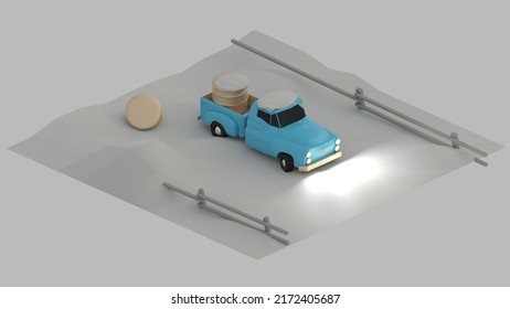 3D isometric render of a stylized blue pickup truck carrying barrels, parked next to a giant egg on a dirt road, surrounded by a simple wooden fence