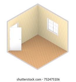 3d isometric rendering of beige empty room with door and window