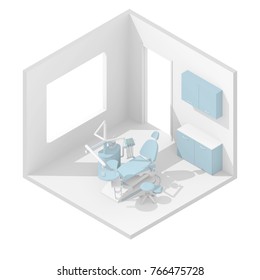 3d isometric rendering illustration of blue dentist chair