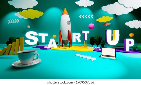 3d isometric rendering illustration start up concept design, Abstract urban modern style.infographic start up business concept . Rocket space ship taking off.