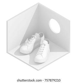 3d Isometric Rendering Illustration Of White Sneakers In Empty Room