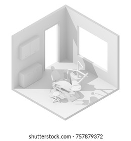 3d isometric rendering illustration of white dentist's chair