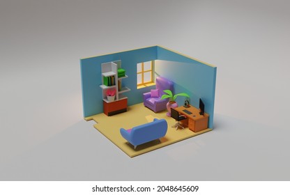 3d Isometric Room Illustration Design With White Screen