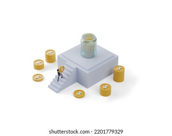 3d Isometric Savings Money Illustration. People Bring Money To Put In The  Jar. 3d Rendering Illustration