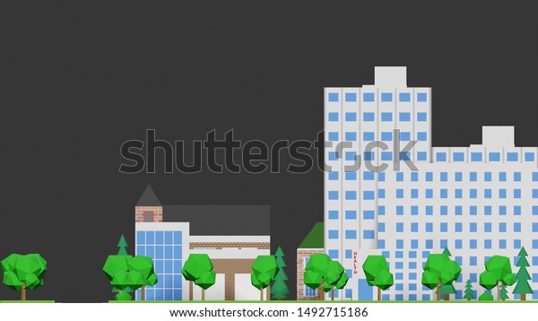 3d isometric three-dimensional view of the\
city, building, car, park,\
industrial.