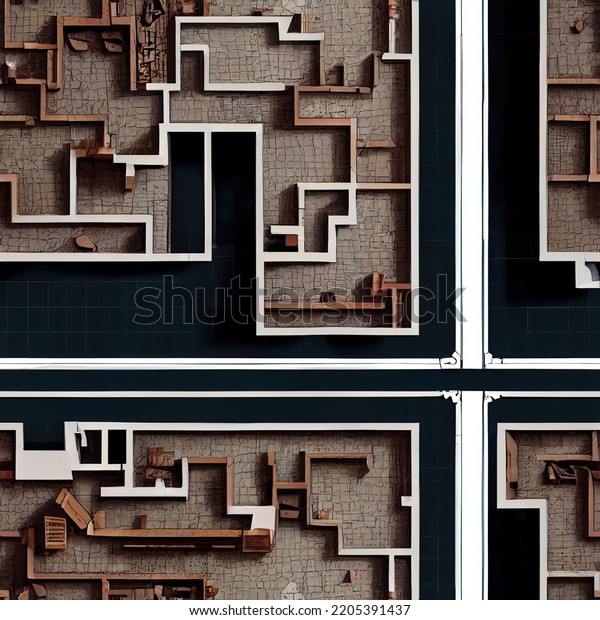 A 3D isometric top\
view pattern of a stone dungeon with rooms and doors. A textured\
background and an endless tile. 3D illustration and seamless tile\
of a planimetry.
