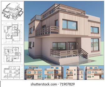 3D Isometric View Of Abstract Residential House.