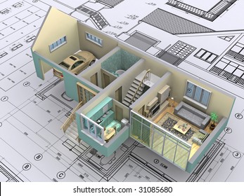 3D Isometric View The Cut Residential House On Architect?s Drawing. Background Image Is My Own.