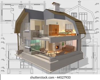 3D Isometric View The Cut Residential House On Architect's Drawing.