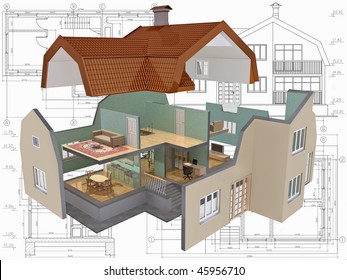 3D Isometric View The Cut Residential House On Architect's Drawing.