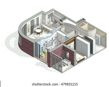 3D Isometric View Of The Cut Residential House On Architect Drawing.