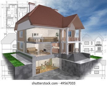 3D Isometric View Of The Cut Residential House On Architect Drawing.