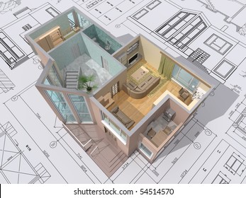 3D Isometric View Of The Cut Residential House On Architect Drawing.