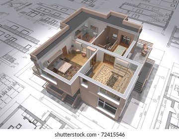 3D Isometric View Of The Cut Residential House On Architect Drawing.