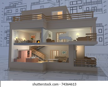 3D Isometric View Of The Cut Residential House On Architect Drawing.