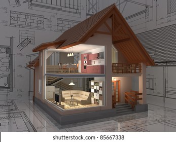 3D Isometric View Of The Cut Residential House On Architect Drawing. Image With Clipping Path.