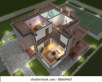 3D Isometric View Of The Cut Residential House.