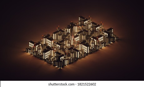 3D Isometric Voxel city buildings at night with light glows