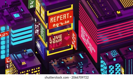 3d isometric voxel night cityscape background. Pixel art cyberpunk style city illustration. neon lights and dark theme city. 
There is no real language other than English in the image.
