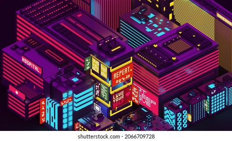 3d isometric voxel night cityscape background. Pixel art cyberpunk style city illustration. neon lights and dark theme city. voxel structure. There is no real language other than English in the image
