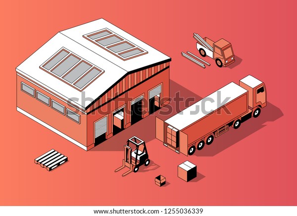  3d isometric\
warehouse with truck and forklift. Thin line style, transport\
logistics with storage building. Orange background with goods and\
repository. Commercial\
shipping.