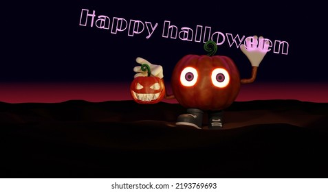 3D Jack O Lanterns Halloween Pumpkin Big Emission Eyes Violet Color Hold Cute Pumpkin Scary Face Sharp Teeth Orange Light And Neon Text HAPPY HALLOWEEN In Hand Walking On Mysterious Land On Dark Night