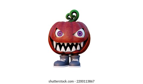 3D Jack O Lanterns Halloween Pumpkin Orange Red Color Scary Face Sharp Teeth Wide Mouth Violet Eyes Big Sweet Smile In Cartoon Alien Character Isolated On White Background