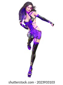3D japanese assassin warrior amazon woman render.Futuristic neon glow costume.Comic cosplay hero.Cartoon, comics, manga illustration.Conceptual fashion art.Seductive candid pose.Isolated