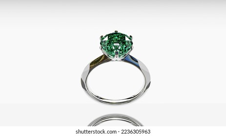 3D Jewelry green diamond white gold ring luxury gem special gift for engage wedding anniversary valentine day symbol love gradient white grey background 