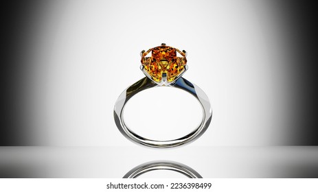 3D Jewelry orange diamond white gold ring luxury gem special gift for engage wedding anniversary valentine day symbol love gradient white grey background
