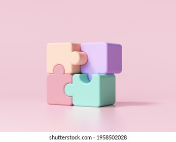 3D jigsaw puzzle pieces on pink background. Problem-solving, business concept. 3d render illustration