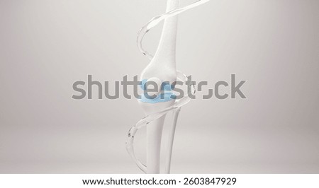 3D joint model with clear fluid spheres highlights cartilage hydration, support, and smooth mobility against a soft blue backdrop. 3d rendering.