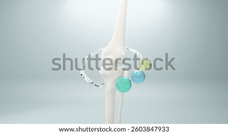 3D joint model with clear fluid spheres highlights cartilage hydration, support, and smooth mobility against a soft blue backdrop. 3d rendering.
