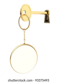 3d Key Hole Whith Golden Key On The White