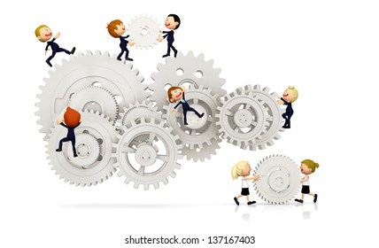 3D kids working as a team assembling cogwheels - isolated over white