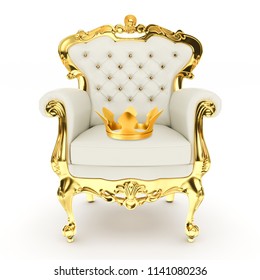 3d King's Throne, Royal Chair With Golden Crown On White Background 3d Illustration